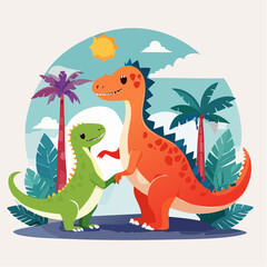 Obraz premium Cute Dinosaur Family Cartoon with Baby Dino Under Sunny Sky
