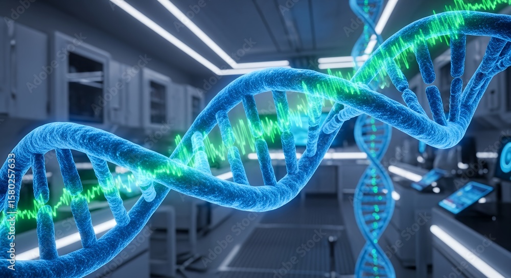 Poster vivid 3d rendering of a blue dna helix with dynamic green waveform in a futuristic laboratory enviro