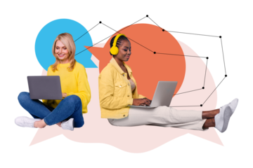 Creative collage illustration of women listen music chat textbox laptop gadgets textbox digital communication isolated on white background