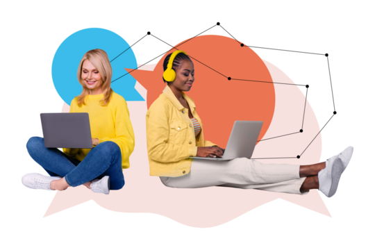 Creative collage illustration of women listen music chat textbox laptop gadgets textbox digital communication isolated on white background