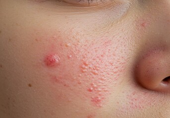 Close-up of inflamed skin on a human cheek showing severe acne with pimples, redness, and clogged pores, representing dermatological conditions like acne vulgaris or skin inflammation.