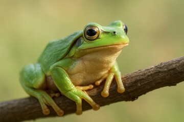 Obraz premium Amidst the tranquil greens of nature, a vibrant green frog sits poised on a branch, its eyes reflecting the world around it with an air of calm curiosity