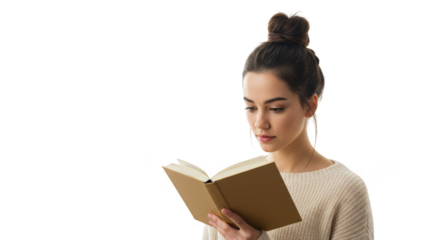 Isolated Portrait Young Woman Reading Book with Transparent Background