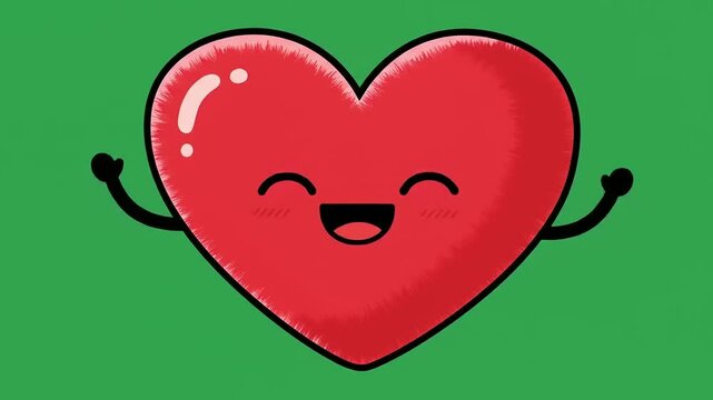 Cute animated heart character with a smiling face and arms, set against a vibrant green background