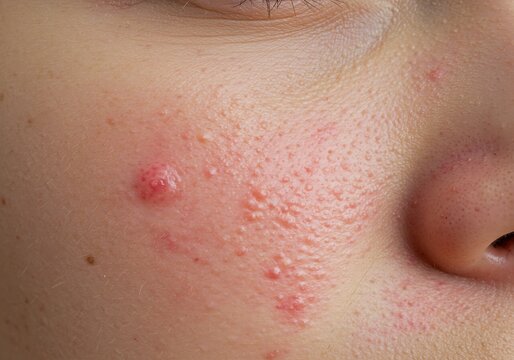 Close-up of inflamed skin on a human cheek showing severe acne with pimples, redness, and clogged pores, representing dermatological conditions like acne vulgaris or skin inflammation.