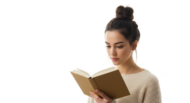Isolated Portrait Young Woman Reading Book with Transparent Background