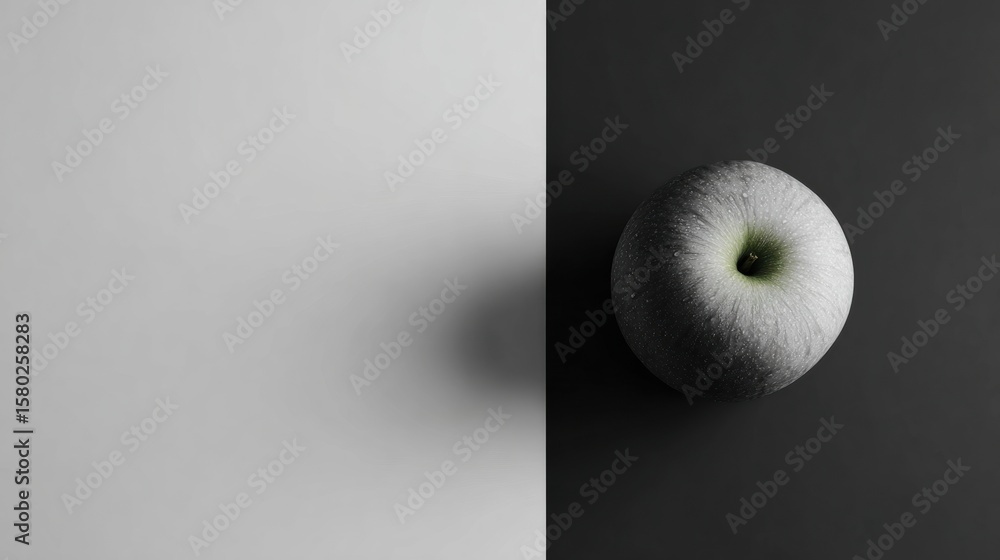 Poster minimalist grayscale layout featuring a single colored apple emphasizing contrast and simplicity in 
