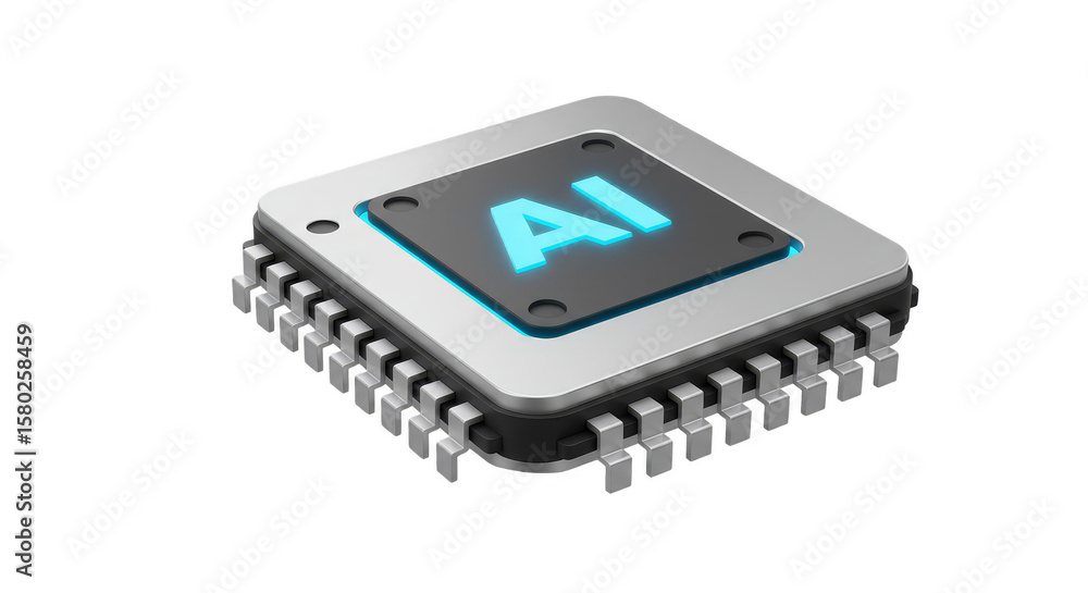 Poster isometric chip with artificial intelligence electronic microchip render