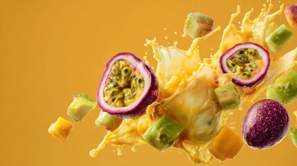 Vibrant splash of fresh fruits, showcasing passion fruit and mango, against a bright orange background.