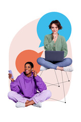 Photo collage artwork minimal picture of smiling friends communicating modern device isolated...