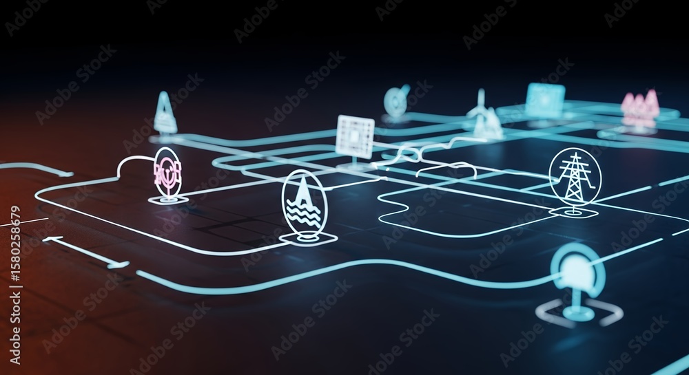 Aufkleber abstract luminous digital network displaying connectivity between various industry energy icons, con