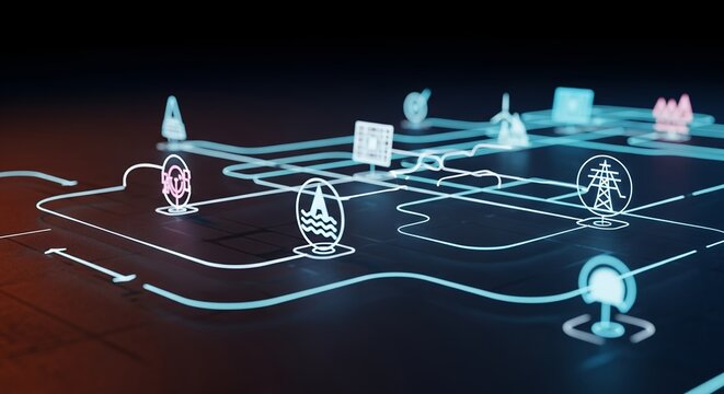 Abstract luminous digital network displaying connectivity between various industry energy icons, concept for future energy grid visualization smart infrastructure management and industrial data flow
