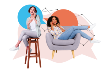 Artwork magazine collage picture of smiling funny ladies communicating modern gadgets isolated drawing background