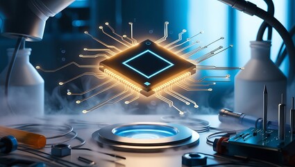 Advanced microchip technology glowing with energy in a futuristic laboratory setting