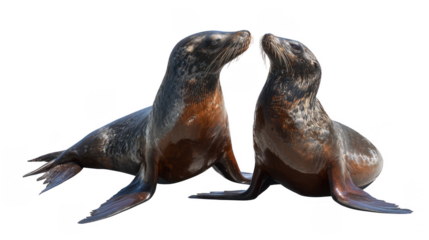 Two adorable brown fur seals are playfully interacting and touching noses while isolated against a clean white background in a charming display of affection.