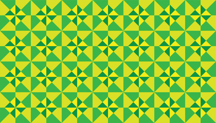 A seamless geometric pattern with green and yellow fan-like triangles forming a vivid, retro-inspired design
