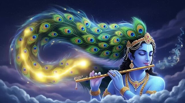 Divine janmashtami celebration krishna playing flute with peacock feathers and spiritual aura an ornate depiction honoring hindu traditions
