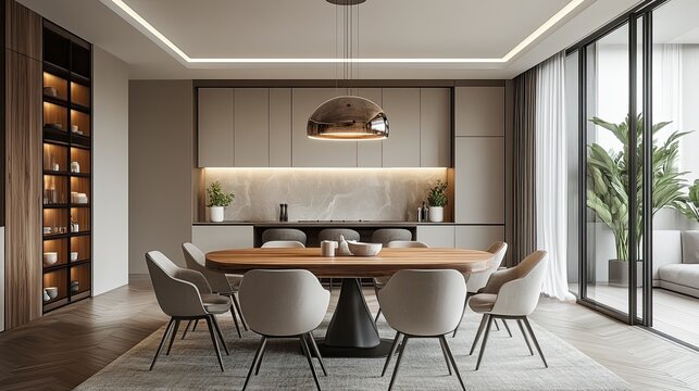 Modern dining room interior with a stylish wooden table, contemporary chairs, and elegant lighting. 