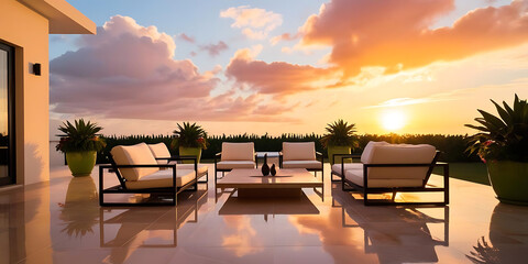 Fototapeta premium Peaceful Sunset on the Terrace with Scenic Sky and Light