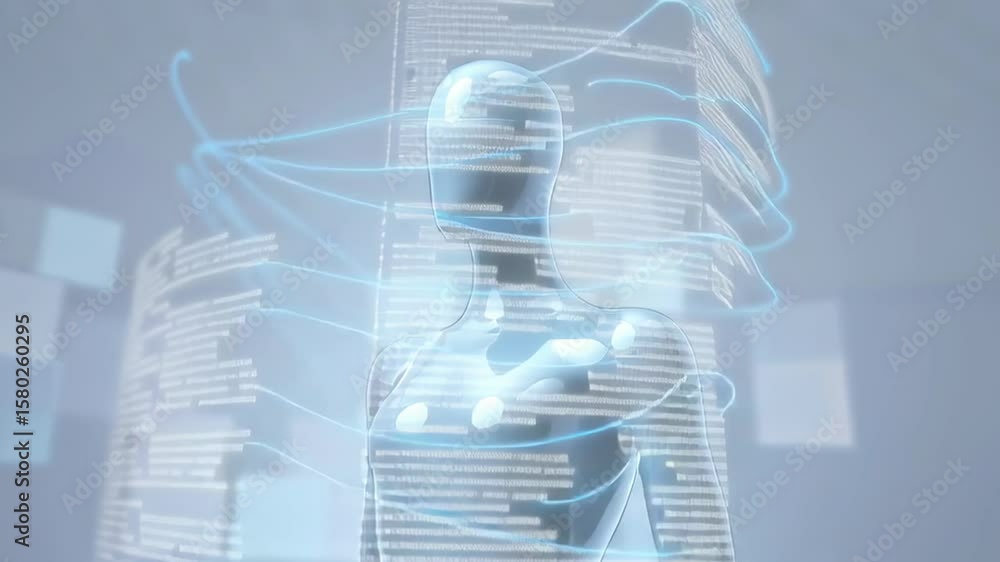 Poster animation. futuristic humanoid robot figure stands in a digital environment, surrounded by floating 