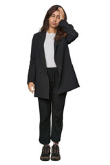 Middle Eastern in business attire tired and very sleepy keeping hand on head.
