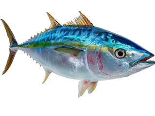 Close-up of a vibrant raw tuna fish with blue and silver scales displayed against a clean white background in a studio shot, showcasing its fresh quality.