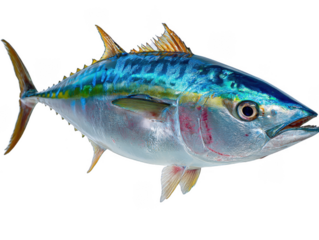 Close-up of a vibrant raw tuna fish with blue and silver scales displayed against a clean white background in a studio shot, showcasing its fresh quality.