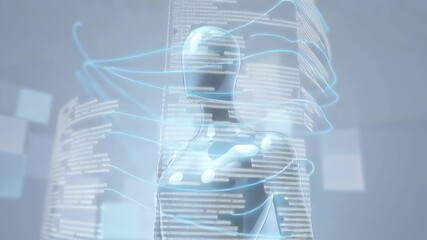 Animation. Futuristic humanoid robot figure stands in a digital environment, surrounded by floating data streams and abstract shapes, representing advanced technology and innovation in artificial inte - Powered by Adobe