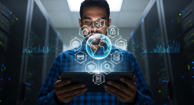 It engineer managing global network data center with tablet device