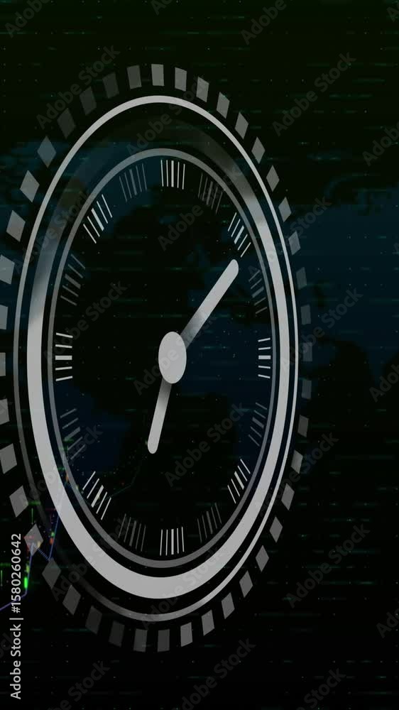 Poster animation of ticking clock and financial data processing over world map against black background