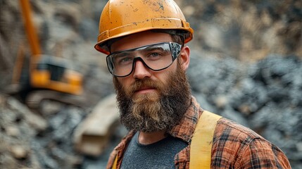 Serious construction worker wearing a helmet and beard, representing industry and safety in labor. 