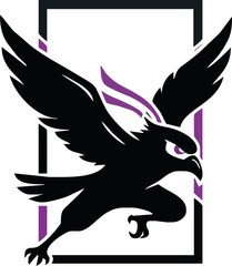 An artistic rendering of a black eagle with purple accents, framed by a black and purple border.