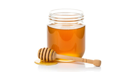 Golden honey filled glass jar with wooden honey dipper on white background