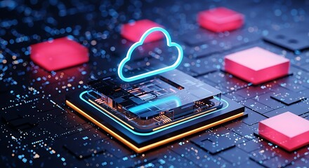 Modern cloud computing concept depicted with illuminated neon elements
