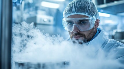Serious scientist in protective goggles working with equipment in a misty laboratory environment.