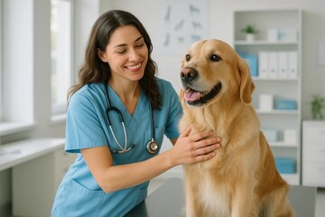 A dedicated veterinarian examines her patient, a golden retriever, in a serene clinic setting