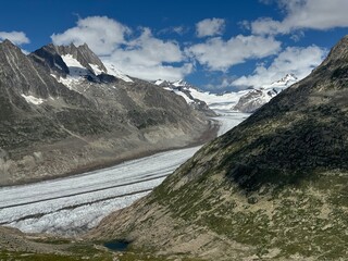 Aletsch Glacier Panoramic View from Fiescheralp to Bettmerhorn Hiking Trail, Swiss Alps