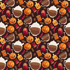 Seamless vector pattern featuring coffee mugs, roasted coffee beans, cozy socks, and yarn. Ideal for autumn caf&eacute; branding, packaging, and warm seasonal design.