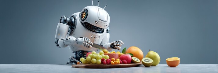 Photo of a helpful robot prepares a vibrant fruit salad, showcasing the potential of ai in domestic tasks and healthy eating, isolated on white background