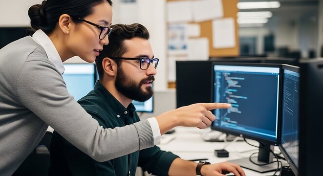 Software developers collaborating on computer code in modern office