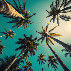 Looking up through tall palm trees towards a bright sunny sky