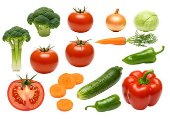 Isolated PNG of Fresh Tomatoes Broccoli Carrot Cucumber Onion and Pepper