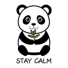 Cute panda bear illustration holding bamboo leaves, stay calm message, animal drawing, vector art, simple 100