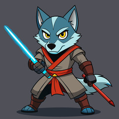 Illustration of a cartoon wolf character in a jedi costume holding a lightsaber and staff weapon