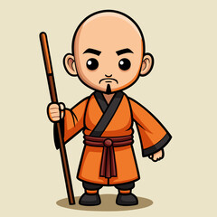 Cartoon shaolin monk character vector illustration martial arts master with stick in orange uniform pose 100 char