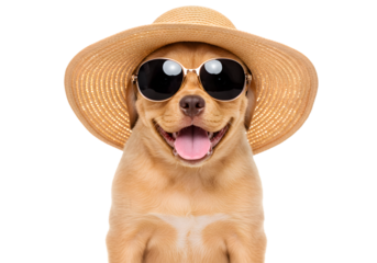 Cute Dog Portrait With Summer Hat And Sunglasses On Transparent Background
