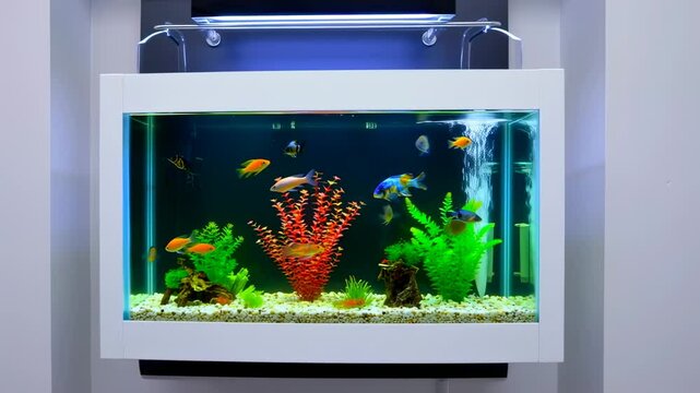 A captivating freshwater aquarium scene with vibrant fish and aquatic plants moving gently