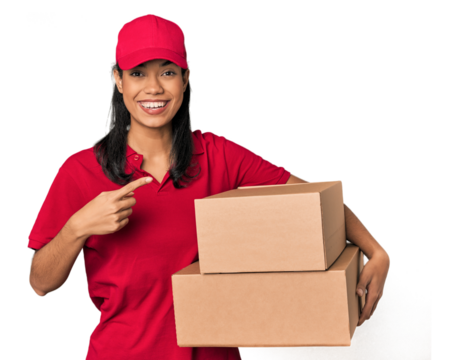 Young Filipina courier with two packages smiling and pointing aside, showing something at blank space. - Powered by Adobe
