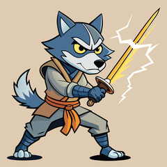 Cartoon wolf ninja warrior with sword vector illustration for graphic design and animation project needs