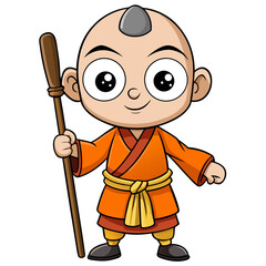 Cartoon illustration of avatar aang with staff in orange robes and bald head vector drawing design art 100